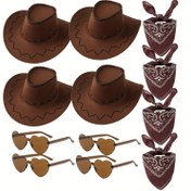 Resim 12'li Paket Kovboy Şapkası, Bandana ve Gözlüklü Batı Tarzı Geniş Kenarlı Keçe Şapkalar - Ayarlanabilir İpli Erkek ve Kadınlar İçin Kostüm Parti Malzemeleri, Halloween, Noel Etkinleri ve Partiler için 