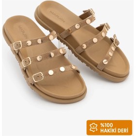 Resim Marjin Kadın Hakiki Deri Üç Bantlı Zımbalı Günlük Terlik Zoven Camel Süet 