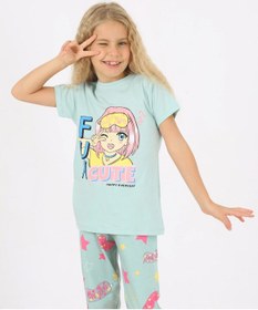 Resim Kız Çocuk Kısa Kollu %100 Pamuklu Fun Cute Pijama Takımı Mint 