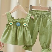 Resim BABICOLOR Genç Kızlar Yazlık Kıyafet Seti - Şık Çiçekli Kolsuz Üst ve Fırfır Detaylı Düz Renk Pantolon, Polyester, Günlük Tarz, Kızlar Günlük Giyim|Fırfırlı Şort Seti|Rahat Kalıp, Dış Mekanlar İçin Mükemmel 