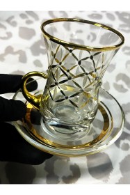 Resim 62561 Tabanı Kalın Gold Desenli 12 Parça Çay Seti 100 Cc Şeffaf 