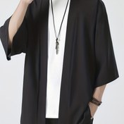 Resim Erkekler için Hafif Polyester Japon Kimono Hırka - Yarım Kollu, Önü Açık, Düz Renk Hardal Sarısı, Günlük Yazlık Giysi, Çok Yönlü Giyim | Olgun Estetik | Koltuk Altı Dikiş Tasarımı, Kimono Tarzı Hırka 
