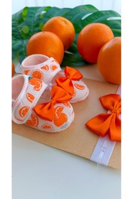 Resim Bilge Trend Kız Bebek Portakal Desenli Fiyonklu Patik ve Bandana Seti 