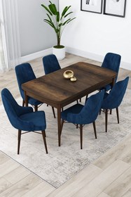 Resim Canisa Lia Serisi Barok Ahşap Desen Masa Açılabilir 80x132 Yemek Odası Takımı 6 Lacivert Sandalye 