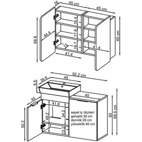 Resim Dubai Sepetli Mdflam Banyo Dolabı, Lavabolu Banyo Alt Dolabı + Aynalı Banyo Üst Dolabı Takımı Kül Gri 