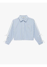 Resim Koton Uzun Kollu Fiyonk Detaylı Klasik Yaka Çizgili Crop Gömlek Mavi Çizgili 6skg60032aw Mavi 