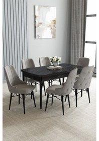 Resim Jusie Siyah Mermer Desen 80x132 Açılabilir Yemek Odası Takımı 6 Adet Sandalye Gri 