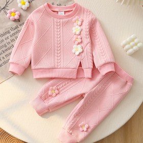 Resim 2 Adet Kız Çocuk Puf Çiçekli Elmas Desen Uzun Kollu Üst + Esnek Bel Pantolon Sevimli Şirin Sonbahar Kış Yeni Takım, Mükemmel 