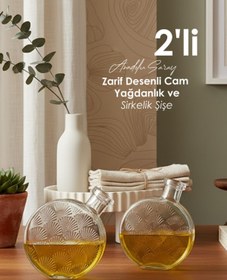Resim Anadolu Saray 2 ADET Zarif Desenli Cam Yağdanlık ve Sirkelik Şişe 500 ml – Dekoratif Cam Mutfak Ürünü 