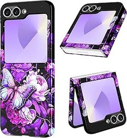 Resim Casetego Galaxy Z Flip 6 Kılıf, Simli Çiçek Desenli Sert PC İnce Darbeye Dayanıklı Tam Vücut Koruyucu Kız Kılıfı Samsung Galaxy Z Flip 6 5G (2024) için, Mor Kelebek 