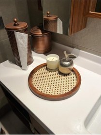 Resim Rattan Hazeran Yuvarlak Tepsi Eskitme %100 Doğal Hazeran 