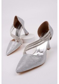 Resim Bulutmod Ba04412 Gümüş Simli Kadın Üç Taşlı Yanı Açık 8 Cm Topuklu Ayakkabı Gümüş Simli 