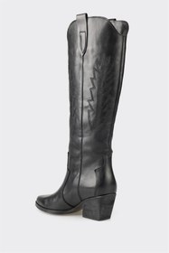 Resim Elle Siyah Deri Kadın Western Çizme 