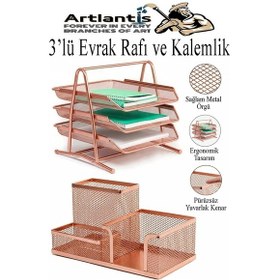 Resim Bakır Yaldız Metal Evrak Rafı 3 Lü Ve Masaüstü Kalemlik 1 Paket Masaüstü A4 Dosya 3 Katlı Düzenleyici Kağıt Tepsi Metal Bakır 