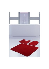 Resim Unicolor Düz Kırmızı 3'lü Banyo Paspası Halısı Seti Kaymaz Deri T Kırmızı 