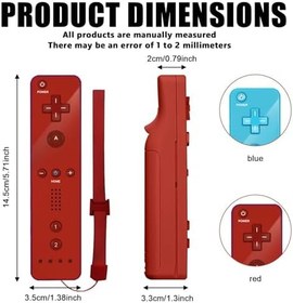 Resim Wii uzaktan kumanda, 2 x Wii Controller oyun denetleyicisi, kablosuz uzaktan hareket sensörü, Wii ve Wii konsolu için yedek oyun kumandası, silikon kılıf ve el kayışı ile (kırmızı + açık mavi) 
