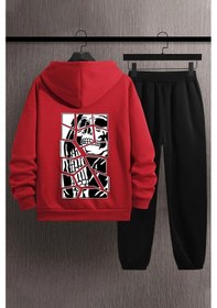 Resim Unisex Skullcracked Baskılı Eşofman Takımı Kırmızı 