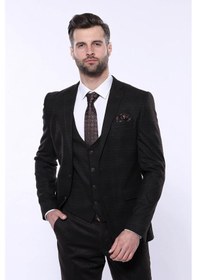 Resim Wessi Ekose Yelekli Kombin Kahverengi Kaşe Kışlık Takım Elbise Kahverengi 