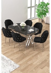 Resim Canisa Zae Serisi 90x168 Lak Panel Siyah Mermer Desen Masa Takımı Krom Ayaklı 6 Siyah Sandalye Masa Siyah Mermer Desen Sandalye Siyah 