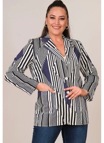 Resim Lady Majestic Büyük Beden Çizgili Ceket - Mavi 