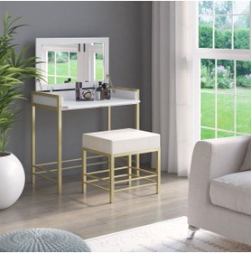 Resim Hitit Dekorasyon Claudia Gold Metal Beyaz Makyaj Masası & Tabure 
