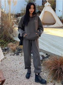 Resim Sunlight Yazılı 2li Sweatshirt Eşofman Altı Jogger- Füme Alt Üst Eşofman Takım Oversize Kapüşonlu Füme 