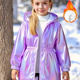 Resim Kızlar Şık Yansıtıcı Polar Astarlı Sıcak Fermuarlı Kapüşonlu Uzun Mont, Sonbahar / Kış Çocuk Giyim, Hediyeler 