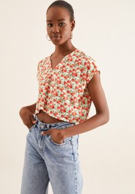 Resim Quincey Kadın Kırmızı Çiçekli V Yaka Crop Bluz 