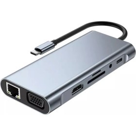 Resim PrimeX Plus PX-U525 11 In 1 Macbook Ultrabook Type C Docking Type C To 4K@30Hz Gri Metal Pd Charge Hdmı Vga Audio Sd/tf Card Usb3.0 RJ45 Type C Adaptör 