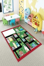 Resim Pelangi Kırmızı Araba Yollu Şehir Desenli Yıkanabilir Kaymaz Taban Leke Tutmazbebek Ve Çocuk Odası Halısı, Kırmızı-Yeşil 180 x 300 