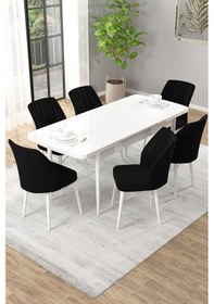Resim Arel Beyaz 80x132 Açılabilir Mdf Masa Yemek Odası Takımı, Mutfak Takımı 6 Adet Sandalye Beyaz Masa - 6 Siyah - Beyaz Ayak 