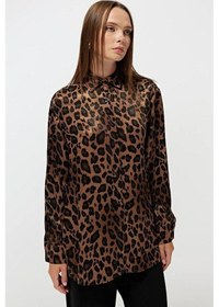 Resim Mixray 4106 Leopar Desen Saten Gömlek Kahve 