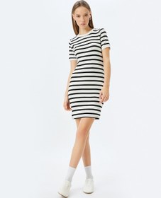 Resim Koton Mini Bisiklet Yaka Kısa Kollu Fitilli Slim Fit Elbise Ekru Çizgili 5sal80021ık Ekru 