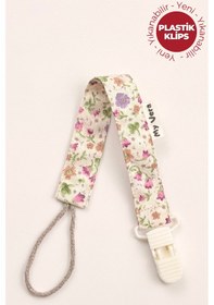 Resim Bahar Çiçek Desenli Ekru - Plastik Klipsli Pamuklu Emzik Askısı - Emzik Zinciri - Emzik Tutacağı Ekru 