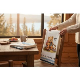 Resim 3'lü Mutfak Havlusu 100% Pamuk 50 70 Cm Hediyelik Ayıcık Baskılı Beyaz 