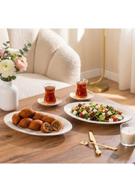 Resim Porsima 4441 Gardenya Porselen Platin Fileli Kayık Tabak Seti - Oval Kahvaltılık Sunumluk Seti 30cm Beyaz 