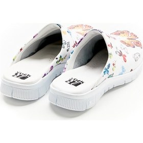 Resim Kelebek Desenli Comfortflex Taban Hakiki Deri Bayan Sabo Terlik Beyaz 