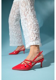 Resim Luvishoes Magra Kırmızı Rugan Sivri Burun Arkası Açık İnce Topuklu Kadın Ayakkabı Kırmızı Rugan 