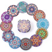 Resim 12 adet 10x10 cm / 3.94x3.94 İnç Yuvarlak Şekil Manda Çiçek Desen Sahte Elmas Boyalı Coaster Kapak DIY Kristal Süper Flaş Elmas Boyalı Ahşap Bardak Altlığı Tutucu Ile, Yetişkin Ofis Kahve Mat Ev Bardak Altlıkları Zanaat Malzemeleri Hediyeler İçin Uygun 