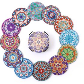 Resim 12 adet 10x10 cm / 3.94x3.94 İnç Yuvarlak Şekil Manda Çiçek Desen Sahte Elmas Boyalı Coaster Kapak DIY Kristal Süper Flaş Elmas Boyalı Ahşap Bardak Altlığı Tutucu Ile, Yetişkin Ofis Kahve Mat Ev Bardak Altlıkları Zanaat Malzemeleri Hediyeler İçin Uygun 