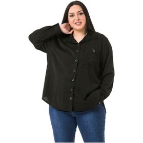 Resim Büyük Beden Yanları Açılabilir Düğme Detaylı Siyah Bayan Gömlek 