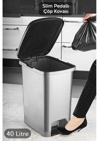 Resim Pedallı Gri Banyo Mutfak Çöp Kovası Siyah Kapaklı Slim Pedallı Çöp Kovası 40 Litre Gri 