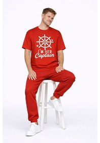 Resim Sevgili Kombini Oversize Çift Tişört Unisex Captain Anchor Baskıl Kırmızı 