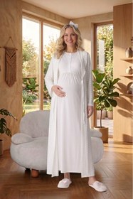 Resim Lohusa Homewear Yeni Sezon Ekru Hamile Yazlık Şal Yaka Jakarlı Tam Boy Şık Dantelli Kısa Kol Sabahlık Gecelik Seti 