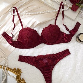 Resim Kadınlar için Şık Kırmızı Çiçek Nakışlı İç Çamaşırı Seti - Yüksek Destek Çelik Halka Sütyen, Dantel Detayları, Ön Kapatma ve Eşleşen Külot, Günlük Giyim veya Özel Günler için Mükemmel, Özel Gün İç Çamaşırı|Çiçek Nakışları|Dantel Detayları 