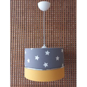 Resim Onay Avize Gri Yıldızlı Sarı 2.li Set M-0412 Kumaş Kaplama Genç ve Çocuk Odası Avize ve Abajur Takımı 