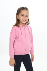 Resim Toontoy Gül Kurusu Kız Çocuk Kapüşonlu Fermuarlı Cepli Düşük Omuz Örme Hırka - 2 İplik 