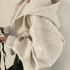 Resim Katı Fermuarlı İpli Kapüşonlu, Cepli Günlük Uzun Kollu Sweatshirt, Kadın Giyim 