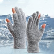 Resim Açık Parmak Peluş Eldivenler Düz Renk Artı Kadife Kalınlaştırılmış Sıcak Eldivenler Pratik Dokunmatik Ekran Eldivenleri Kadınlar Kış Soğuk Geçirmez Yazı Eldivenleri 