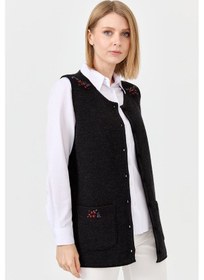 Resim Desen Triko Kadın Sıfır Yaka Omzu Ve Cep Kapağı Keçeli İşlemeli Düğmeli Yelek 0242113 Siyah 